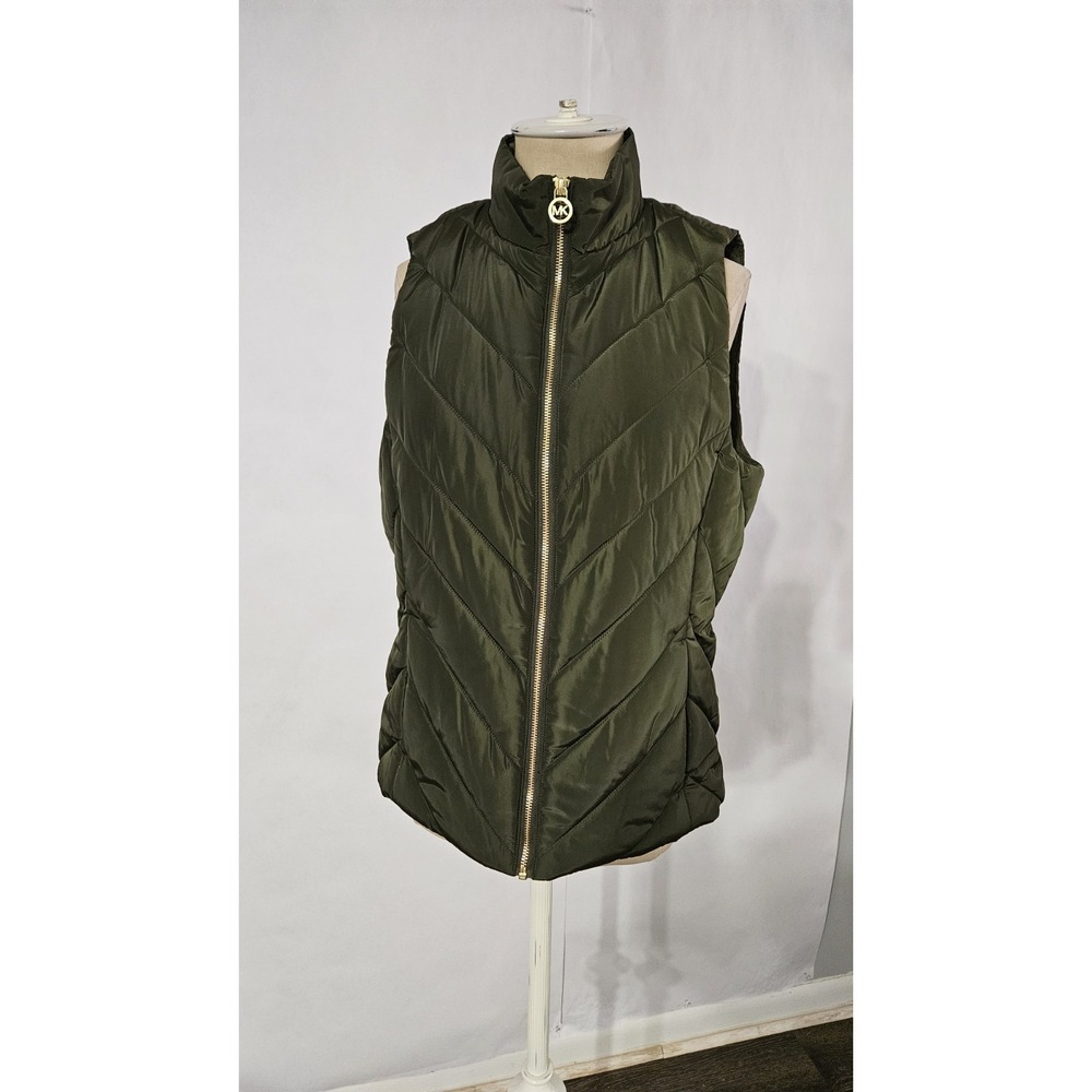 Michael Kors Small Ivy Green Puffer Quilted Vest Full Zip MK Charm Women's